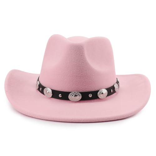 DRESHOW Women Men Classic Felt Wide Brim Western Cowboy & Cowgirl Cap Belt Buckle Retro Panama Hat Unisex Rolled up Caps - color: 1 Pack Style 1: Pink (Hat Circumference: 22-22.8")
