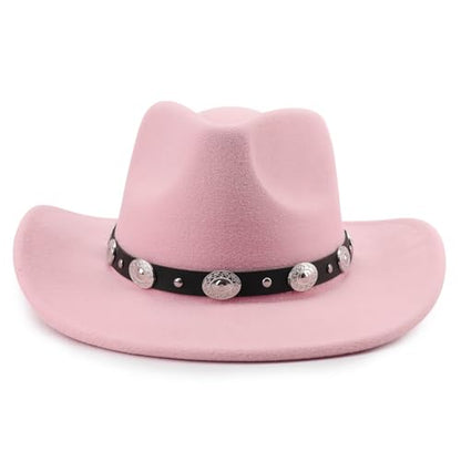 DRESHOW Women Men Classic Felt Wide Brim Western Cowboy & Cowgirl Cap Belt Buckle Retro Panama Hat Unisex Rolled up Caps - color: 1 Pack Style 1: Pink (Hat Circumference: 22-22.8")