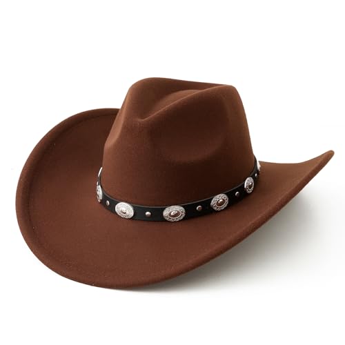 Lanzom Women Men Felt Wide Brim Western Cowboy Hats Belt Buckle Panama Hat - color: Coffee, size: Medium-Large