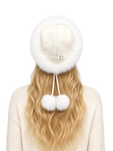 DLNYC Women’s Faux Leather Winter Hat with Faux Fur Trim, Soft Lined Cap with Hanging Cords & Pom-Poms, Warm Stylish Hat - color: White