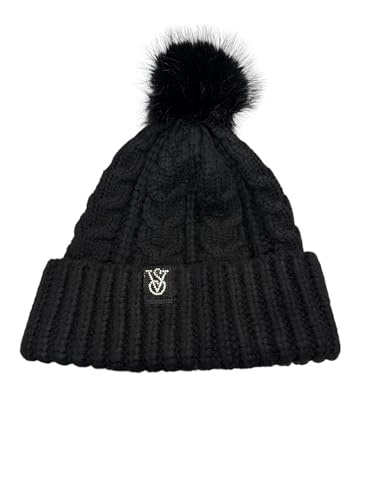 Victoria's Secret Cozy Cable-Knit Pom Beanie Shine Color Black Rhinestone Logo New
