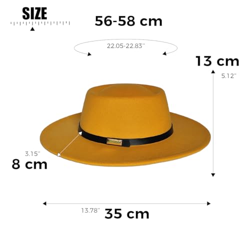 Fedora Hat for Men and Women, Wide Brim Flat Top Cap - color: Yellow