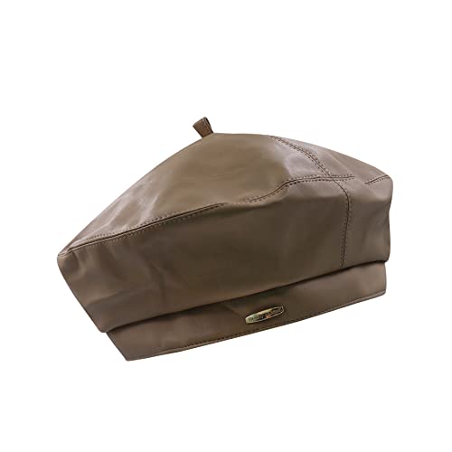 Women Classic PU Leather French Beret Beanie Hat Pumpkin Cap - color: Khaki 2#