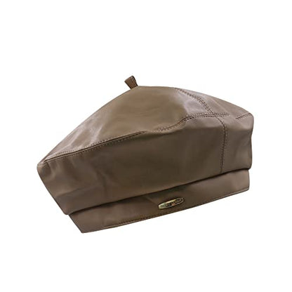 Women Classic PU Leather French Beret Beanie Hat Pumpkin Cap - color: Khaki 2#