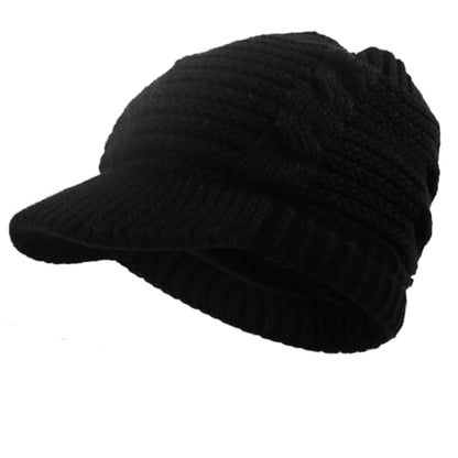 Women's BeanieTail Warm Knit Hat Messy High Bun Ponytail Visor Beanie Cap - color: B340-black, size: Medium