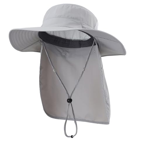 Home Prefer UPF 50+ Wide Brim Sun Hats with Neck Flap Sun Protection Hat for Men Women Gardening Fishing Summer Bucket Hat - color: Light Grey