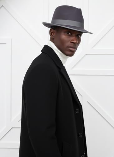 Fedora Hats for Men & Women Short Brim Felt hat Trilby Fedora with Feather Panama Dress Hat - color: Dark Grey, size: Medium