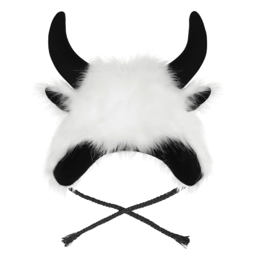 XGOPTS Winter Faux Fur Plush Hat with Horns Warm Animal Horn Ox Earflap Hat - color: White