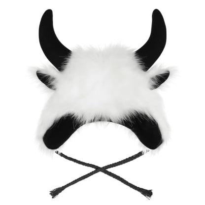 XGOPTS Winter Faux Fur Plush Hat with Horns Warm Animal Horn Ox Earflap Hat - color: White