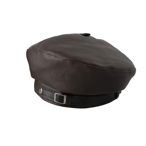 MINGSEECESS Women PU Leather French Black Beret Hat Causal Beanie Hat - color: Belt-light Brown