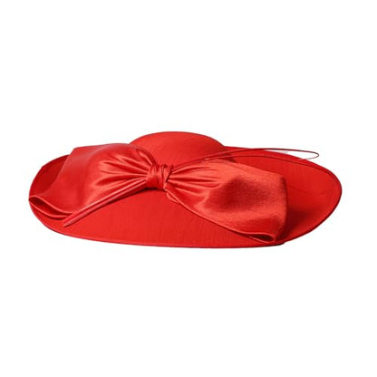 Big Wide Brim Fascinator Hats for Women Ladies Kentucky Tea Party Dress Flat Top Fedoras Hat with Bow Feather - color: Red 1