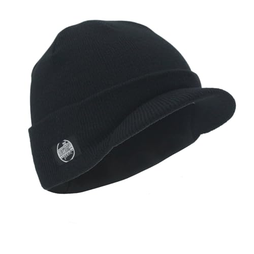 The Vintage Year Visor Beanie Billed Knit Radar Cuff Skull Cap Sports Outdoor Winter Stretch Acrylic One Size Men Women - color: Black the Vintage Year
