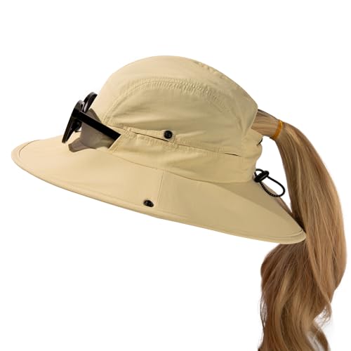 TOP-EX Ponytail UV Protection UPF50+ Wide Brim Breathable Waterproof Foldable Hiking Outdoors Sun Hats for Women - color: Te96560_ponytail Beige, size: Large-X-Large