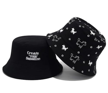 Quanhaigou Bucket Hats Unisex Sun Summer Travel Beach Fishing Cap for Men Women Teens - color: Puppy Black