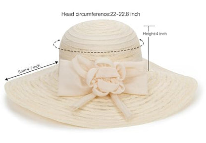 Women Wide Brim Organza Derby Hat Summer Sun Hat Fascinator Bridal Tea Party Wedding Hat - color: Beige-style 2