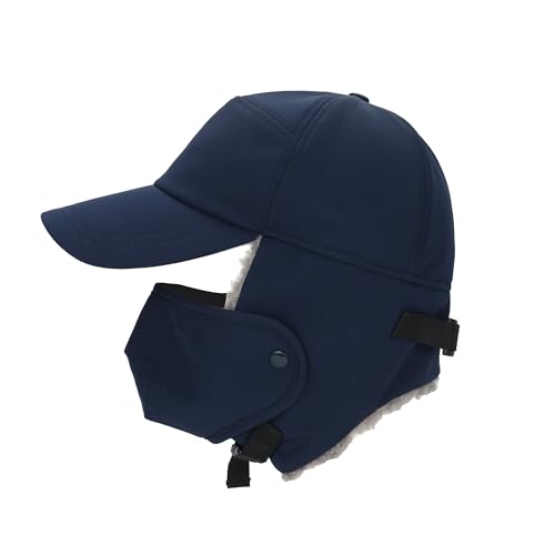 Trapper Hat for Men Women Waterproof Winter Warm Baseball Cap with Ear Flaps and Mask - color: Navy Blue, size: Large