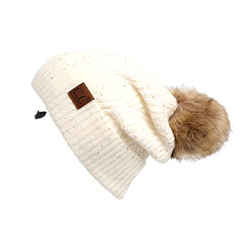 C.C Hatsandscarf Exclusives Unisex Solid Ribbed Beanie with Pom (HAT-43) - color: A Brioche Cable Pattern-cream