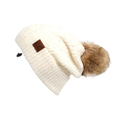 C.C Hatsandscarf Exclusives Unisex Solid Ribbed Beanie with Pom (HAT-43) - color: A Brioche Cable Pattern-cream