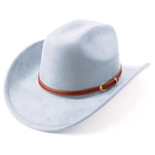 Western Cowboy Hats for Women Classic Felt Wide Brim Fedora Hat with Belt Buckle Retro Panama Hat Unisex Rolled up Cap - color: Suede Cowboy Hats : Blue, size: Small