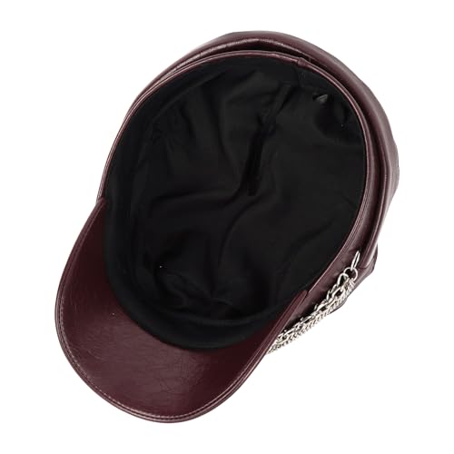 Women Metal Chain Flat Top PU Leather Newsboy Paperboy Hat Painter Cap - color: Chains Brown Red