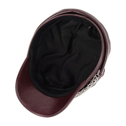 Women Metal Chain Flat Top PU Leather Newsboy Paperboy Hat Painter Cap - color: Chains Brown Red
