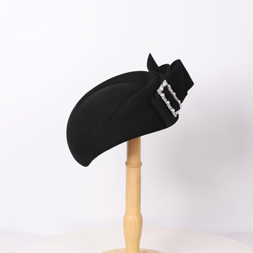 Women Wool Derby Hat for Women Pillbox Hat Wedding Hats Felt Bowknot Fascinators - color: 413 Black