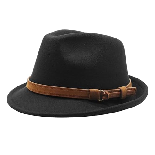 PURFUN Vintage Feather Felt Fedora Hat for Men Women Classic Short Brim Jazz Dance Party Wedding Trilby Bowler Panama Hat - color: Leather Band/Black