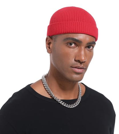 Wool Cuffed Beanie for Men Unisex Knit Watch Cap Thin Fisherman Beanies - color: Red