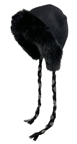 Women Winter Fleece Beanies Hat with Ear Flaps Soft Warm Crochet Skull Cap - color: C Black