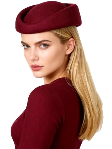 HIMESPORT Wool Felt Beret Derby Fascinator Hats for Women Ladies Church Tea Party Formal Wedding Pillbox Hat - color: Burgundy