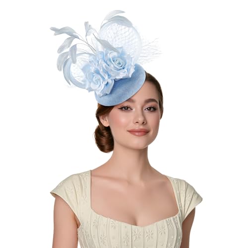 Fascinators Hat for Women Tea Party Headband Wedding Cocktail Flower Mesh Feathers Hair Clip(Blue) - color: Blue