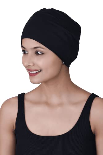 Chemo Hats Solid Sleep Cap Women's Bamboo Soft Headwear Cancer Cap Chemo Headwear Women - color: Black