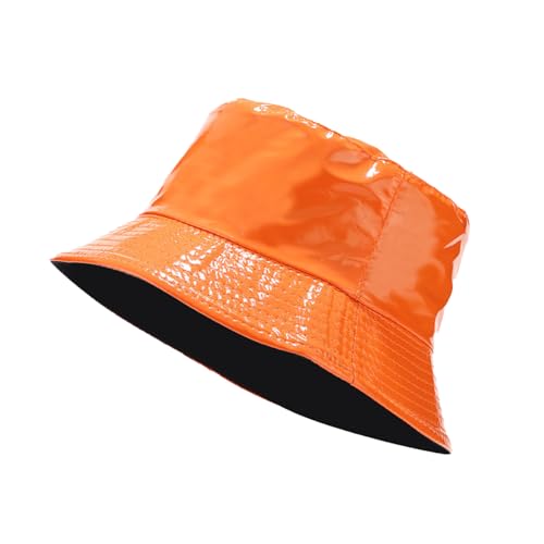 yolrdiw Unisex Fashion PU Leather Bucket Hat Glossy Reversible Rain Waterproof Fishmen Cap - color: Orange