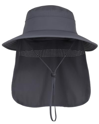 UPF50+ Sun Hat for Men Women,UV Protection Wide Brim Mesh Fishing Hat with Neck Flap for Outdoor Hiking - color: Dark Gray