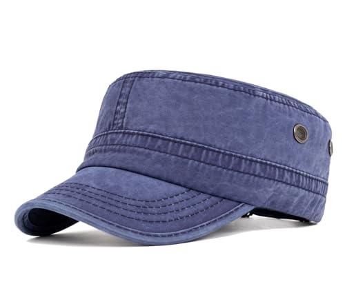 Military Cadet Army Cap for Men Women-Washed Cotton Vintage Adjustable Flat Top Baseball Hat - color: Washed Blue