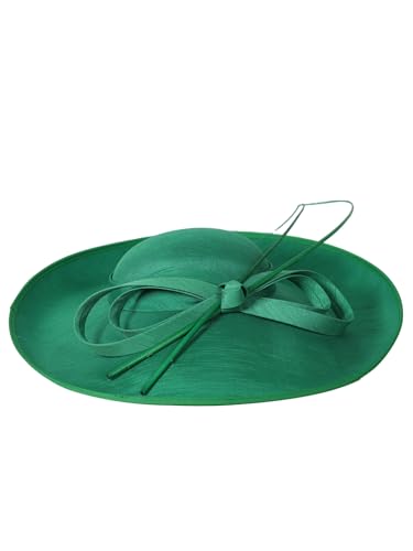 Big Wide Brim Fascinator Hats for Women Ladies Kentucky Tea Party Dress Flat Top Fedoras Hat with Bow Feather - color: Green 1