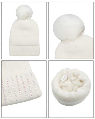 Women Girls Winter Sequin Beanie Hat with Faux Fur Pom Pom Knit Skull Cap - color: Glitter-white