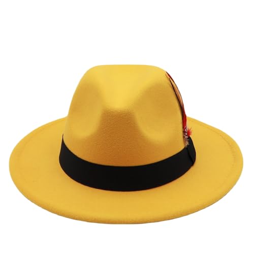 Mens Fedora Hats Classic Wide Brim Fedora Hat for Women Men Dress Hats Panama Hat with Band - color: Yellow