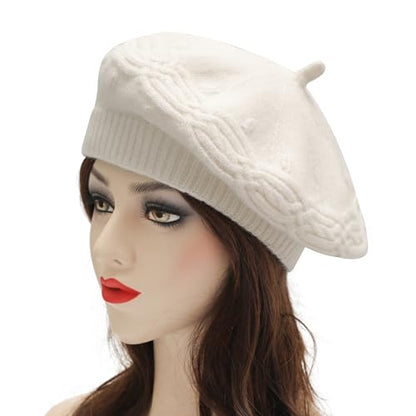 ZLYC Women French Beret Hat Reversible Solid Color Knit Warm Artist Cap - color: Cable Knit White