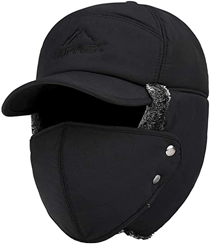 Mens Winter Thermal Trapper Hat Russian Ushanka Ski Hunting Dad Cap Ear Flaps Motorcycle Cycling Mask Women Warm Fur Snow Hat - color: 3-in-1 Black, Solid