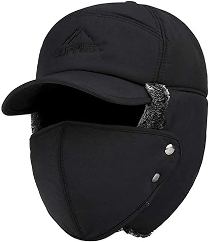 Mens Winter Thermal Trapper Hat Russian Ushanka Ski Hunting Dad Cap Ear Flaps Motorcycle Cycling Mask Women Warm Fur Snow Hat - color: 3-in-1 Black, Solid