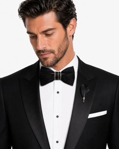 RBOCOTT Handmade Feather Pre-tied Bow tie and Brooch Sets for Men - color: Black