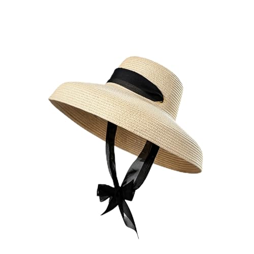 Sun Hats for Women Summer Beach Hat for Women with UV Sun Protection Large Straw Hats for Women with Strap - color: Beige+widebrimribbon