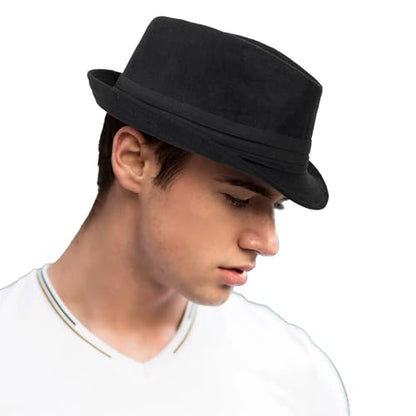 Mens 1920s-Fedora Hat Gangster-Hat Black Short Brim Trilby Cap for Men
