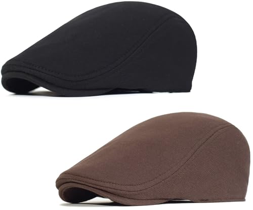 2 Pack Newsboy Cap for Men Women Flat Cap Beret Ivy Cabbie Hat - color: Black + Brown