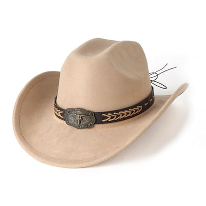 Western Cowboy Hat for Women Men Retro Suede Hat - color: Camel-square Bull Buckle