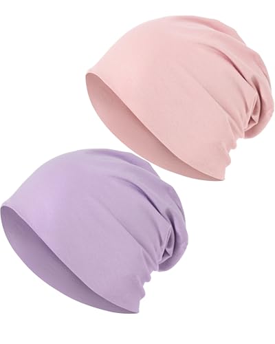 JarseHera 100% Cotton Slouchy Beanie for Women Men Soft Chemo Headwear Set - color: 2 Pcs,pink+purple