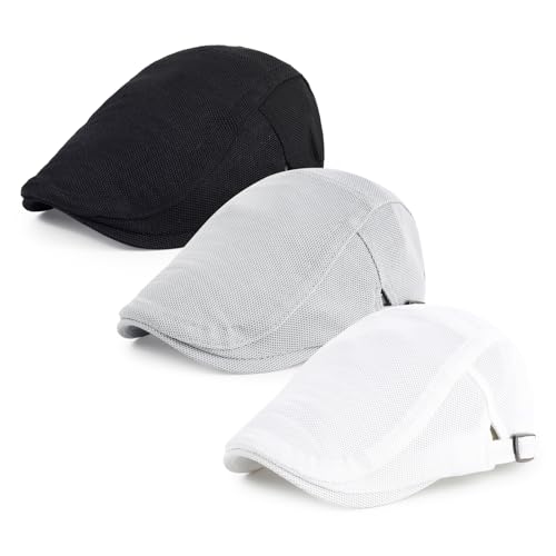 3Pcs Cotton Newsboy Hat for Men Cool Adjustable Flat Cap - color: Wy1-black+lightgrey+white