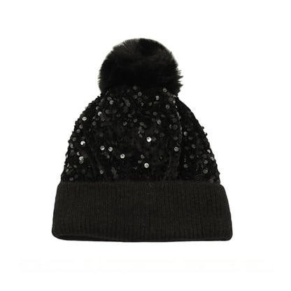 Women Sparkly Sequins Knitted Beanie Hat Warm Winter Skull Cap with Faux Fur Pom Pom - color: X Black With Knit Cuffs