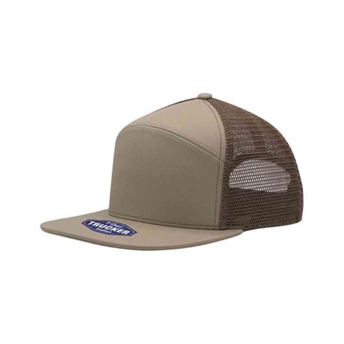 Plain Cotton Twill Flat Brim Mesh Adjustable Snapback Trucker Baseball Cap - color: 7 Panel Khaki/Brown